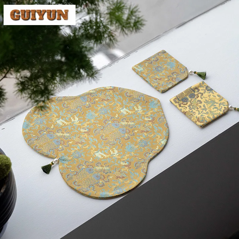 

Light Gold Silver Apricot Weaving Brocade Embroidery Tea Table Mats Retro Drink Coaster Dinner Table Cloth Mat Teaset Collection