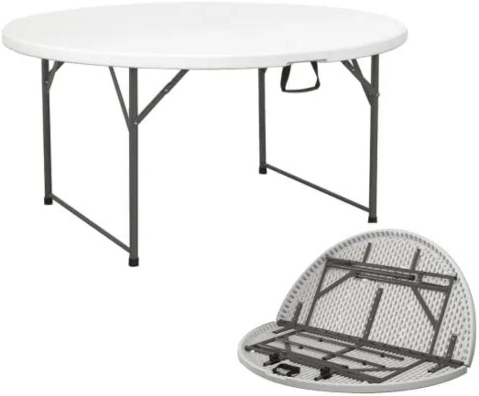 Foot Round Plastic Folding Table (60” Inch) | Fold in Half with Carrying Handle | Lightweight and Portable | White Resin