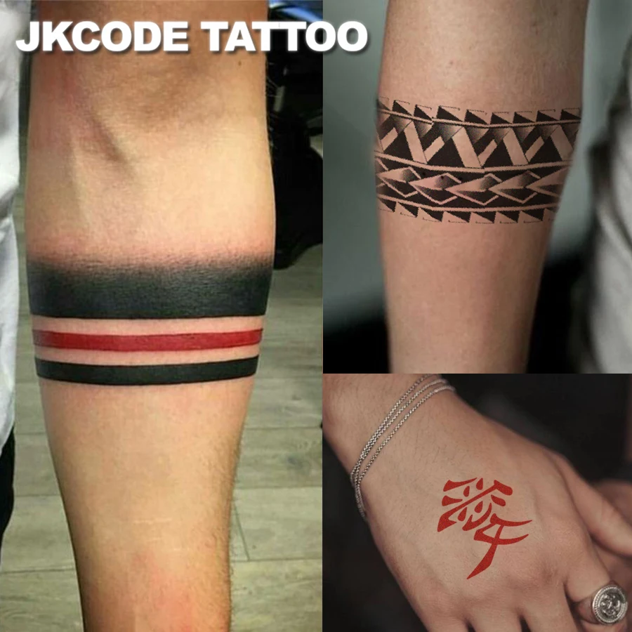 3-Piece Set of Geometric Red and Black Arm Band Tattoos - Anime Cosplay Temporary Tattoos - Red and Black Arm Bands - Floral Arm Tattoo with 