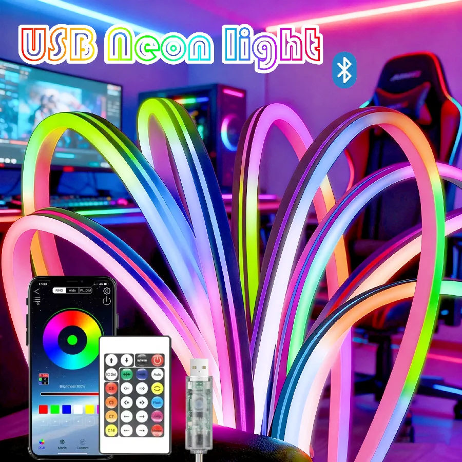 Tira de luces de neón RGB para habitación Esports, cinta de cinta Flexible impermeable USB, luces de neón con Control remoto Bluetooth para decoración del hogar