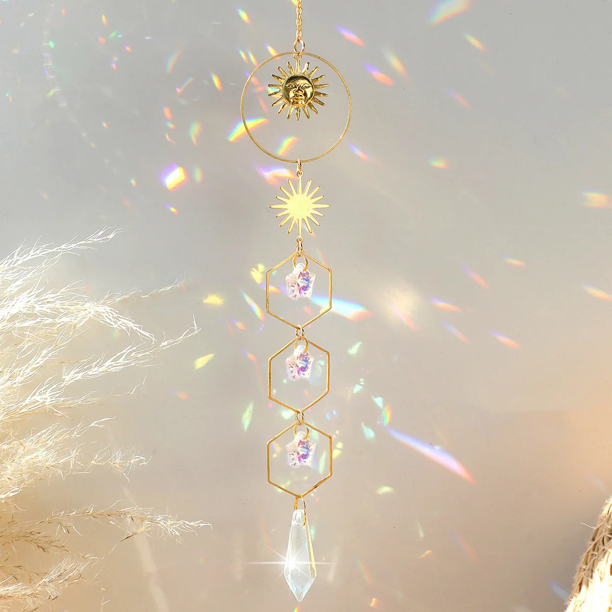 1 Piece Golden Sun Pentagram Crystal Chain Pendant Room Window Hanging Decoration Dream Rainbow Gift Catcher
