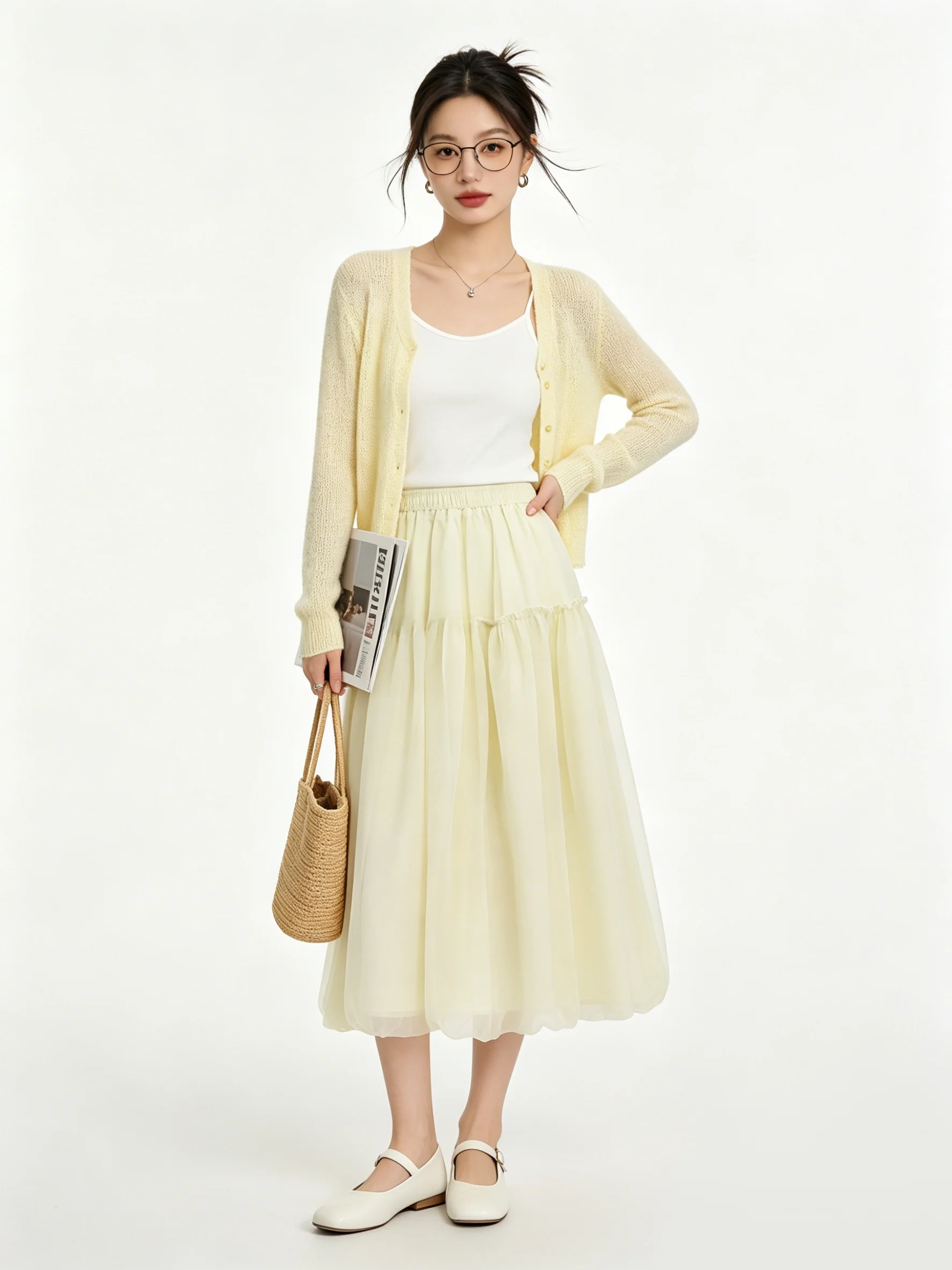 Summer Gentle Wind High Waist A-Line Midi Skirt Women's Fluffy Pleated Skirt Elastic Waist Anti-Aging Daily Wear Korean Style
