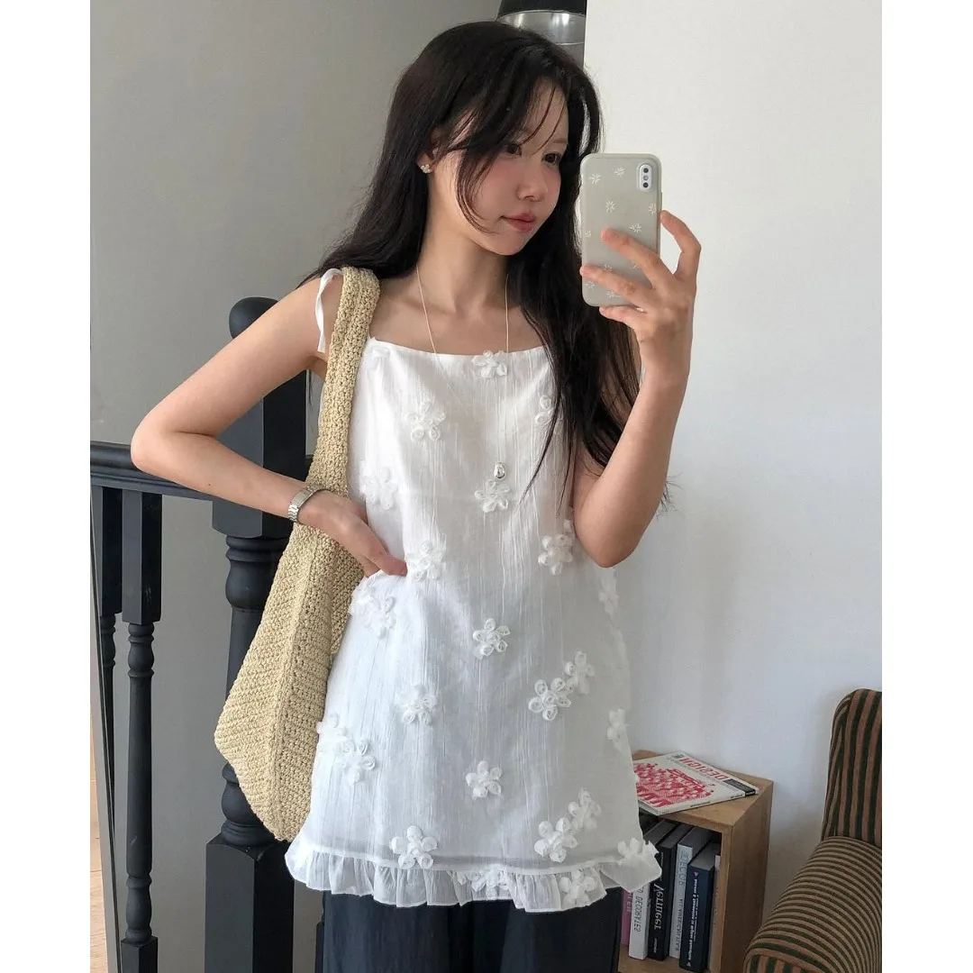 Delicate  Embroidered 3D Flower Strap Dress Women's Regular Thickened Summer Casual Mid-Length Vest Dress