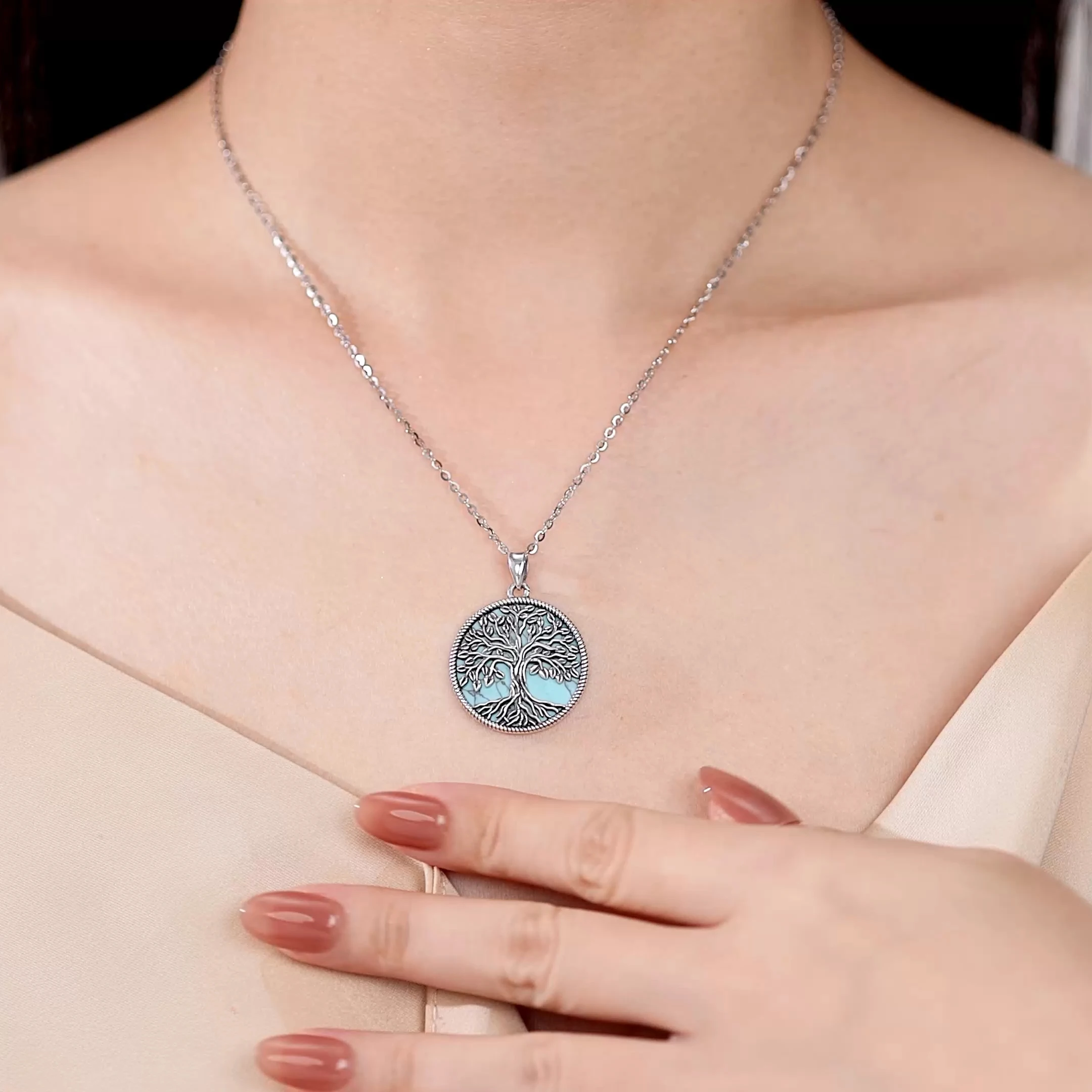 AEONSLOVE 925 فضة شجرة الحياة الفيروز قلادة شجرة العائلة قلادة المجوهرات الروحية هدايا عيد الميلاد للنساء #5