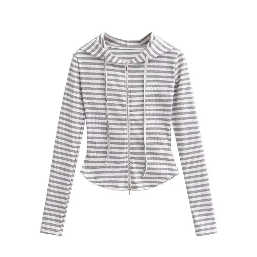 

Women's Slim-Fit Striped Hooded Zipper Cardigan Jacket American Style Hot Girl Fashion Top for Autumn