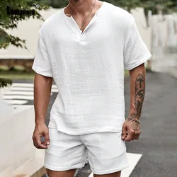 Men Casual Beach Two Piece Sets 2024 Short Sleeve Tops Blouse and Elastic Waist Shorts Suit White Thin Soft Tracksuits Set Male