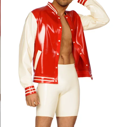 

100% latex Rubber Gummi Red and white patchwork baseball suit, handsome, role playing, party, cozy, hand tailored xs-xxl 0.4 mm