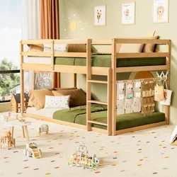 Low Bunk Bed Twin Over Twin, with Ladder, Twin Bunk Bed with Full Guardrails, Wooden Bunk Bed for Juniors, Boys, Girls, Kids