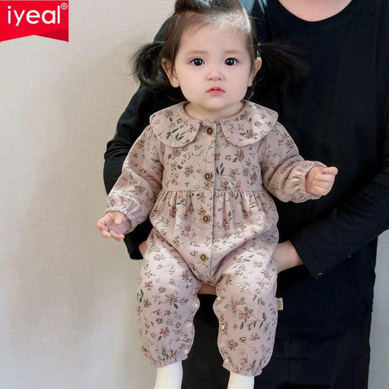 IYEAL Baby Girls Floral Romper Peter Pan Collar Long Sleeve Button Jumpsuit, Vintage Print Infant Casual One Piece Outfit