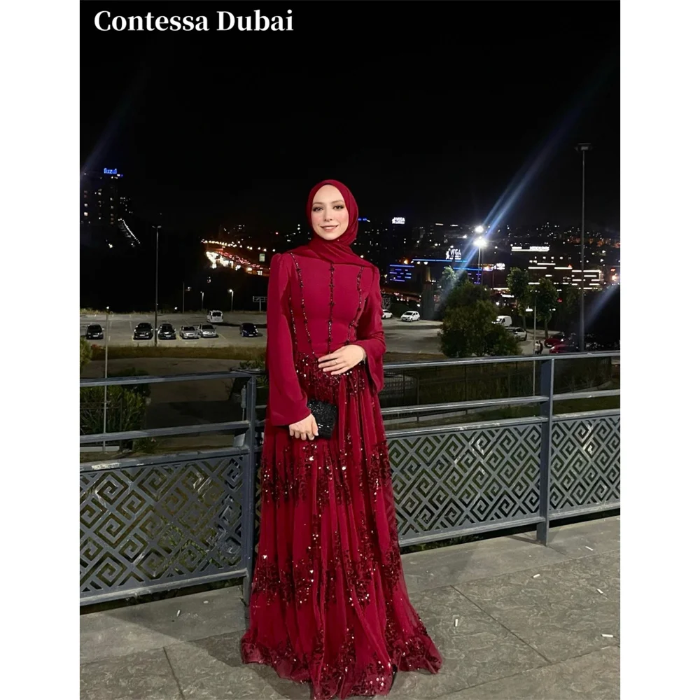 Contessa Custom Burgundy Modest Evening Dress Sequin Tulle Prom Dresses A-Line Vestidos De Noche High Neck Formal Evening 2026