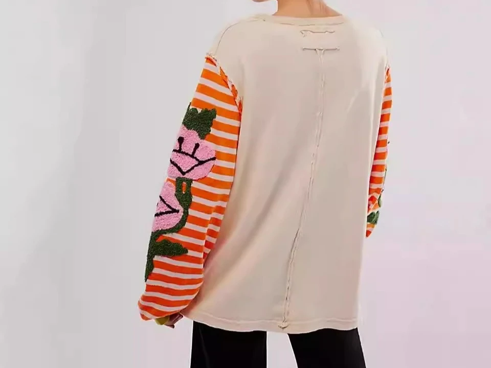 Hoodie Bordir Motif Duri Mawar dengan Kombinasi Warna Garis dan Kontras, Kemeja Lengan Panjang Musim Gugur dan Musim Dingin 2025