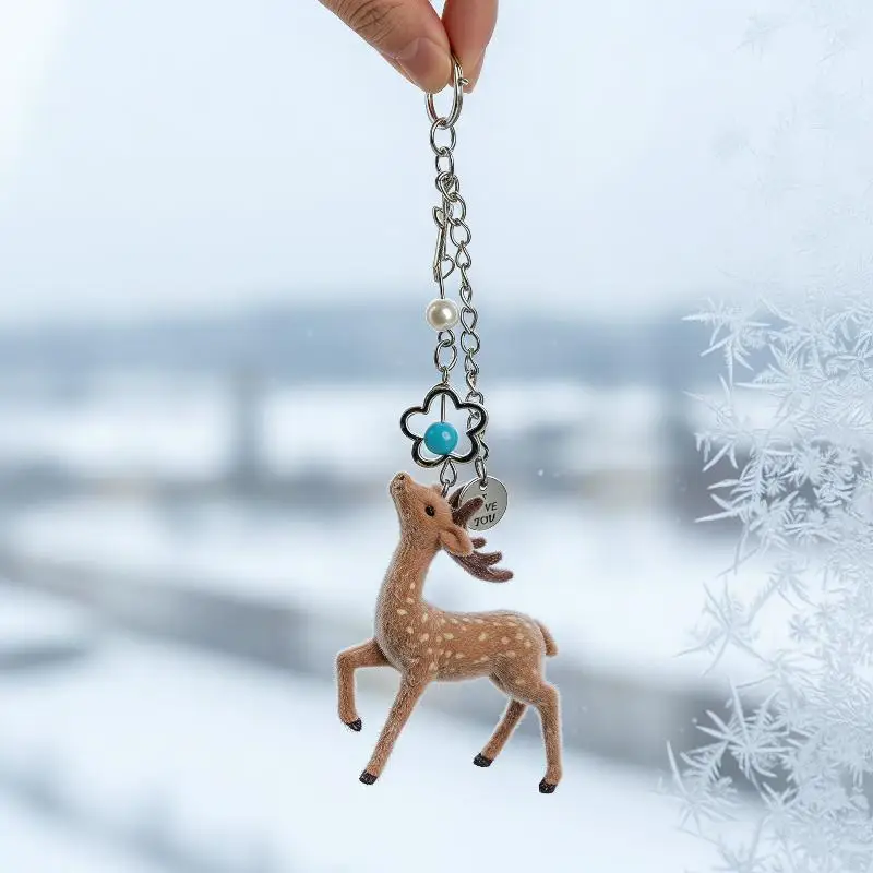 Cute Flocked 3D Deer Keychain Portable Bag Pendant Handmade Accessory for Phone Bag, Length 10cm, 1pc