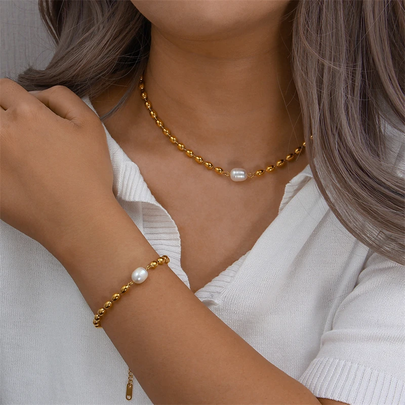 316L Stainless Steel New Fashion Fine Jewelry Minimalism Beaded Freshwater Pearl Charm Chain Choker Necklaces Bracelet For Women