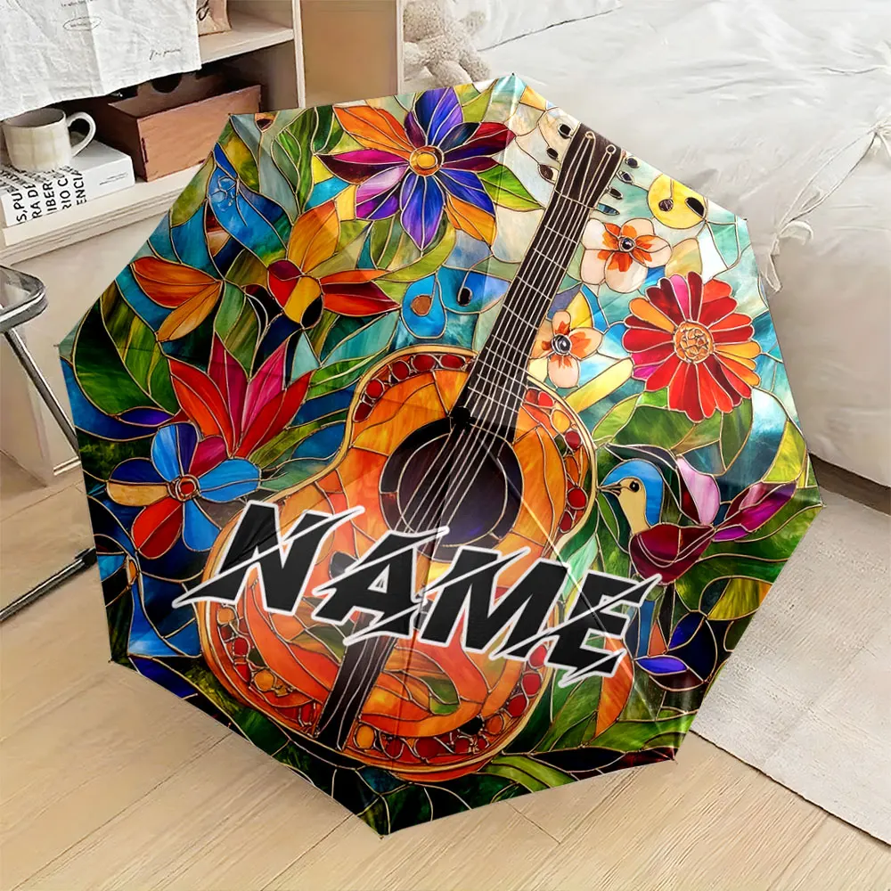 Custom Name Umbrella,Colorful Guitar and Floral Stained Glass Style Umbrella Design