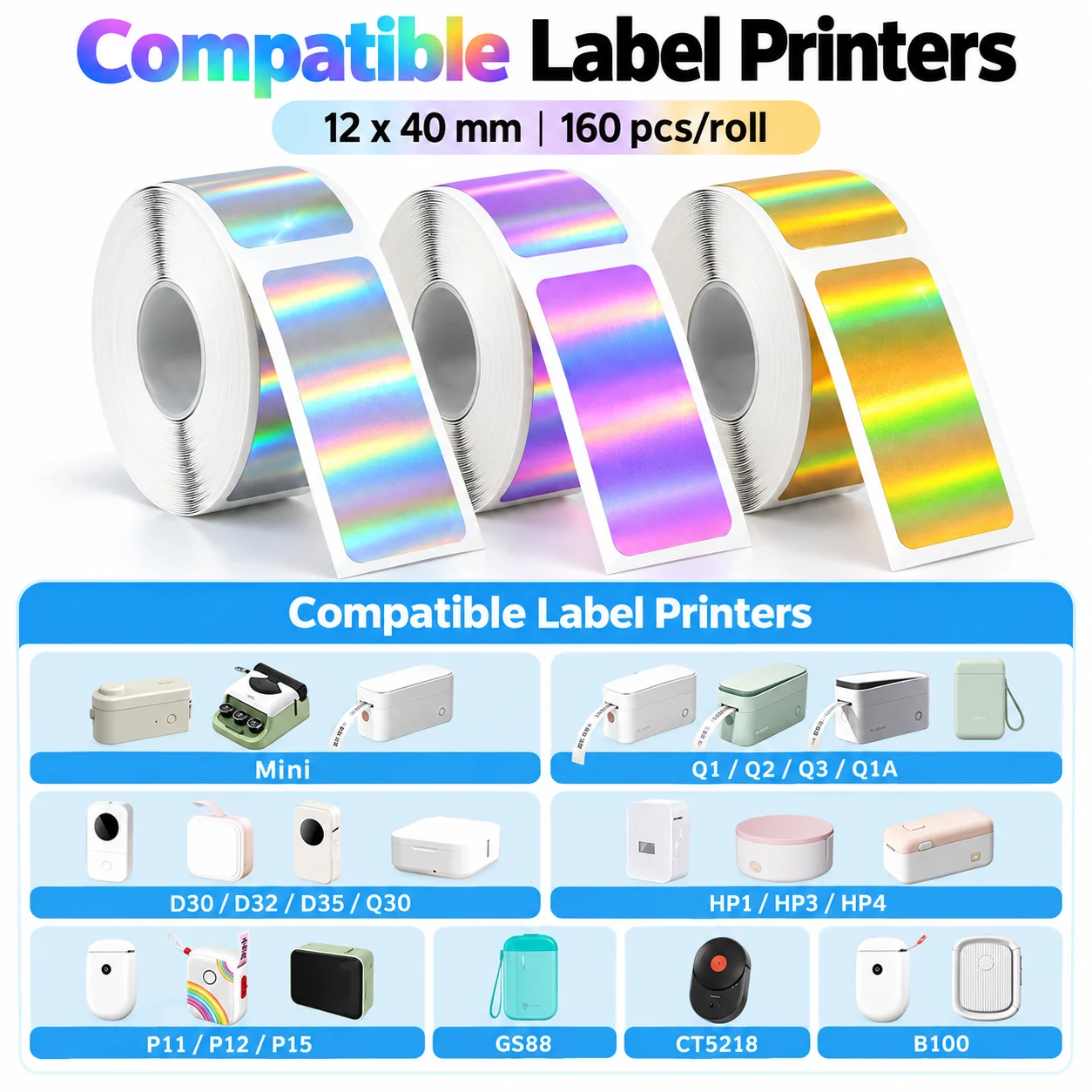 12x40mm Direct Thermal Tape Purple Holographic Marklife P11 Mini Printer Label Paper No Sticky Residue Oil Resistant for E-comme