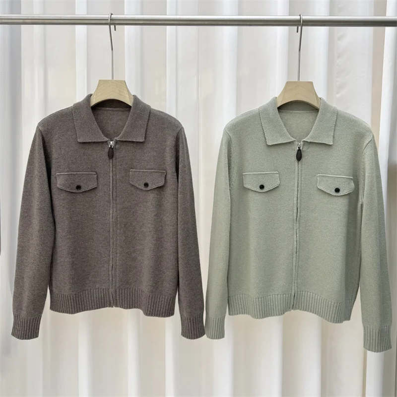 Cárdigan para mujer, nuevo top de manga larga ajustado de punto elástico para otoño 2025, suéter de mezcla de lana para mujer, prendas de punto con cuello tipo Polo