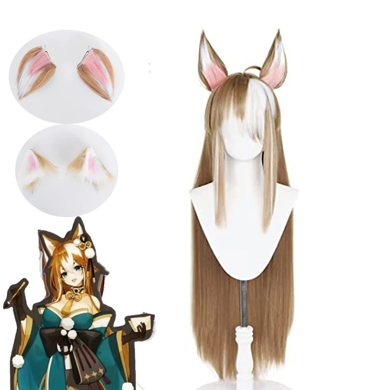 

Genshin Impact Miss Hina Cosplay Wig Gradient Synthetic Heat Resistant Hair Ms. Gorou Cosplay Wig With Plush ears