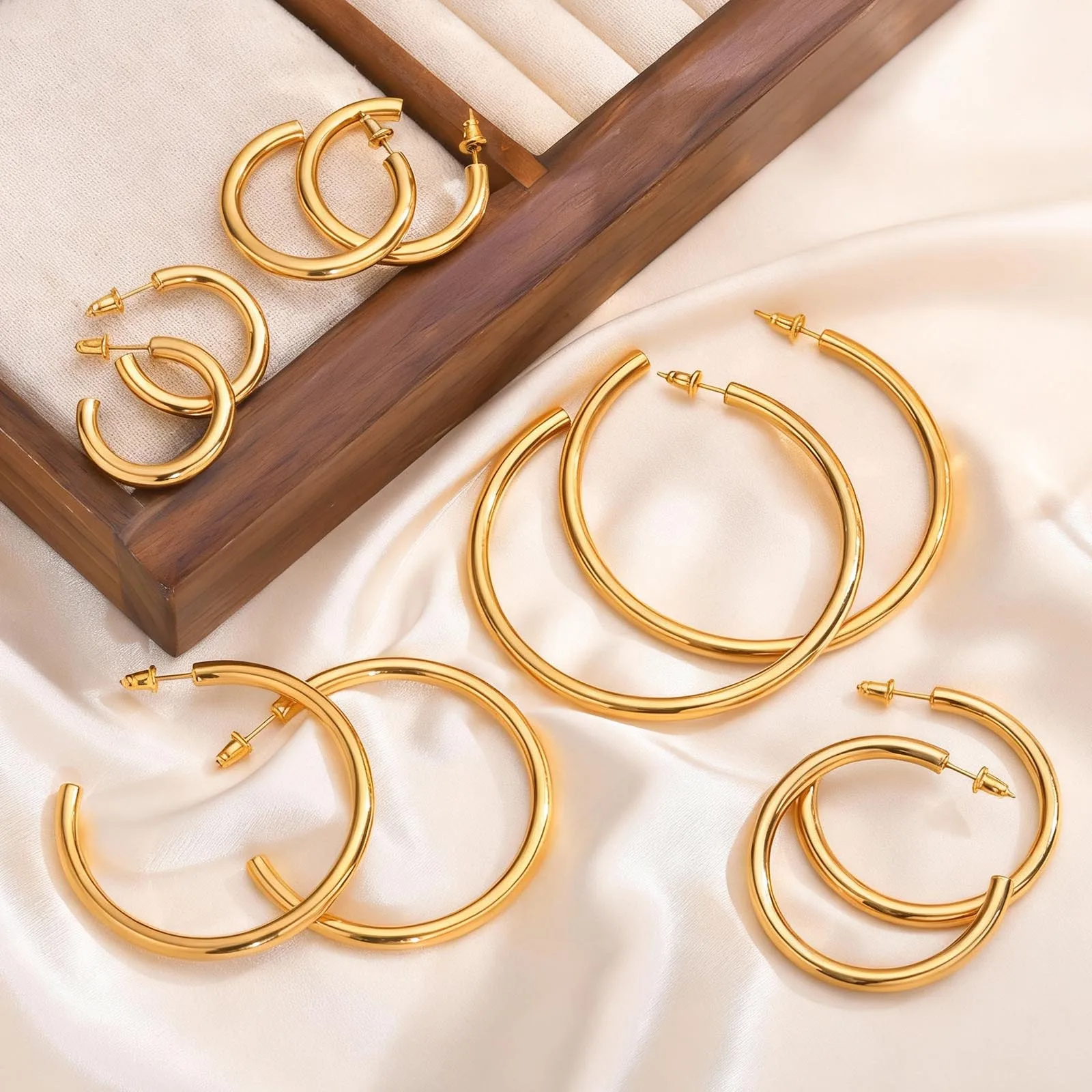 Pendientes de aro de círculo grueso impermeables para mujer, pendiente de aro de acero inoxidable chapado en oro 25/42/50/63 mm