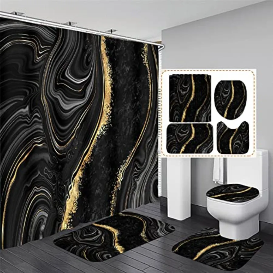 

4 Pcs Black Marble Shower Curtain Sets with Rugs Gold Bathroom Sets with Shower Curtain and Rugs Modern Abstract Bathroom Decor