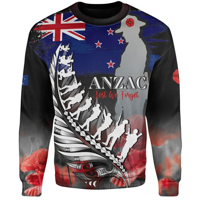 

Vintage 3D New Zealand Maori Tattoo Printed Sweatshirts NZ Anzac Day Graphic Round Neck Hoodies Fashion Streetwear Mens Clothing