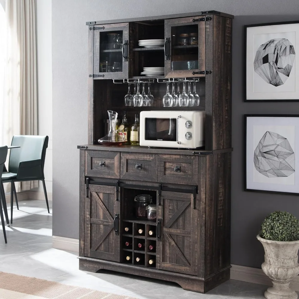 

Farmhouse Hutch Buffet Cabinet with Storage, 72" Large Coffee bar Sideboard Table with Sliding Barn Door, Drawer, Wine & Glass