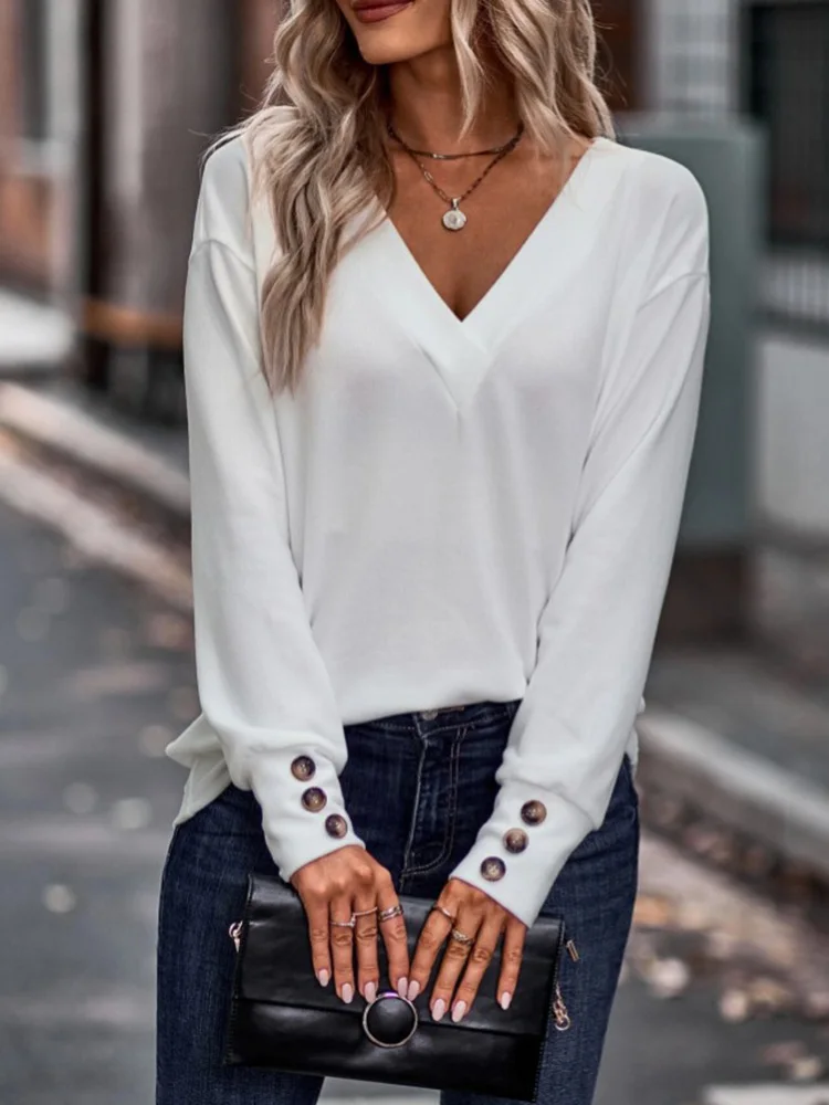 White T shirts Pullover Women Casual V Neck Long Sleeve Tops Female Spring Thin Blouse Clothes