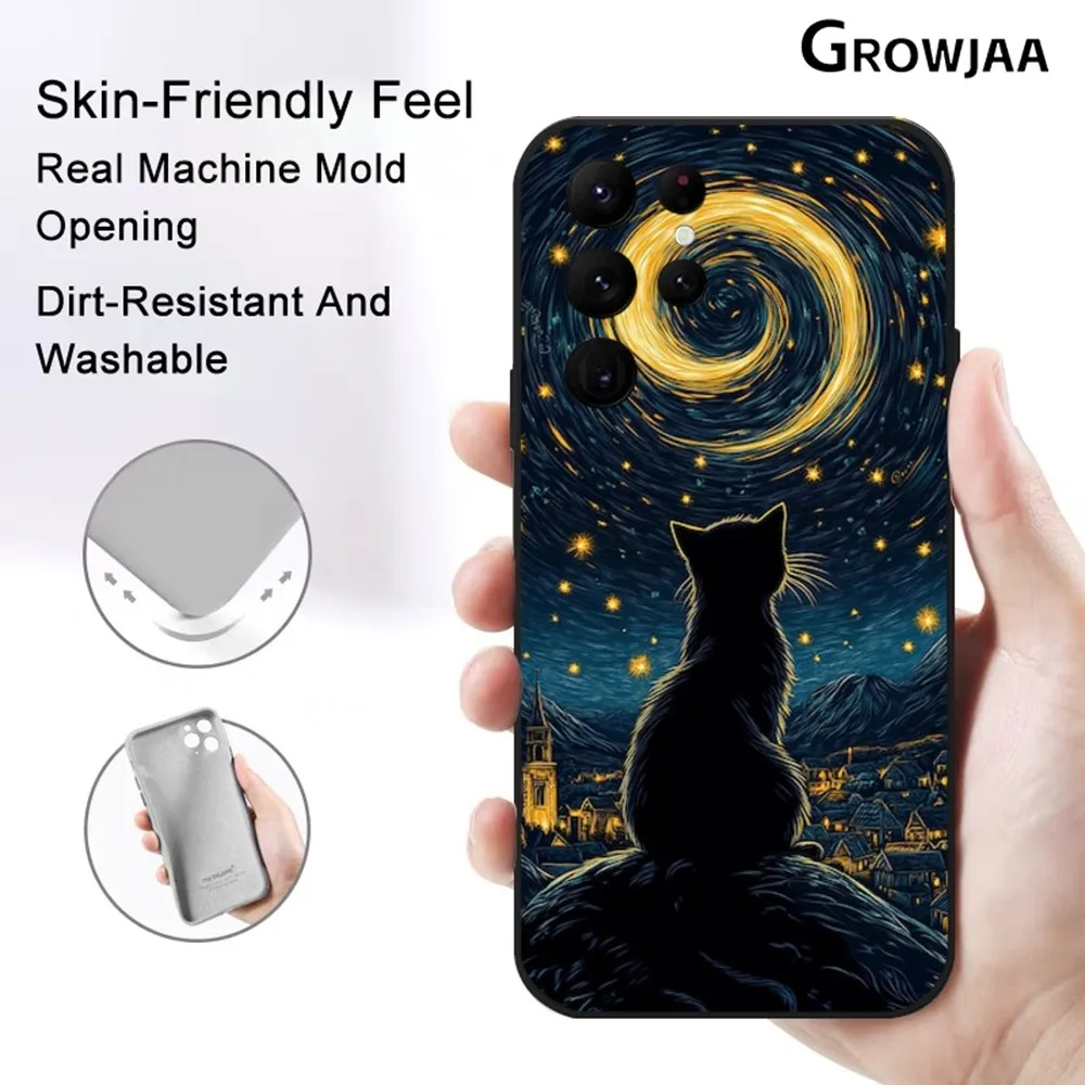 Kawaii Van Gogh Starry Sky Cat Phone Case For Samsung Galaxy S25 S24 S22 S23 Ultra S21 S20 Plus 5G Protective Silicone Funda