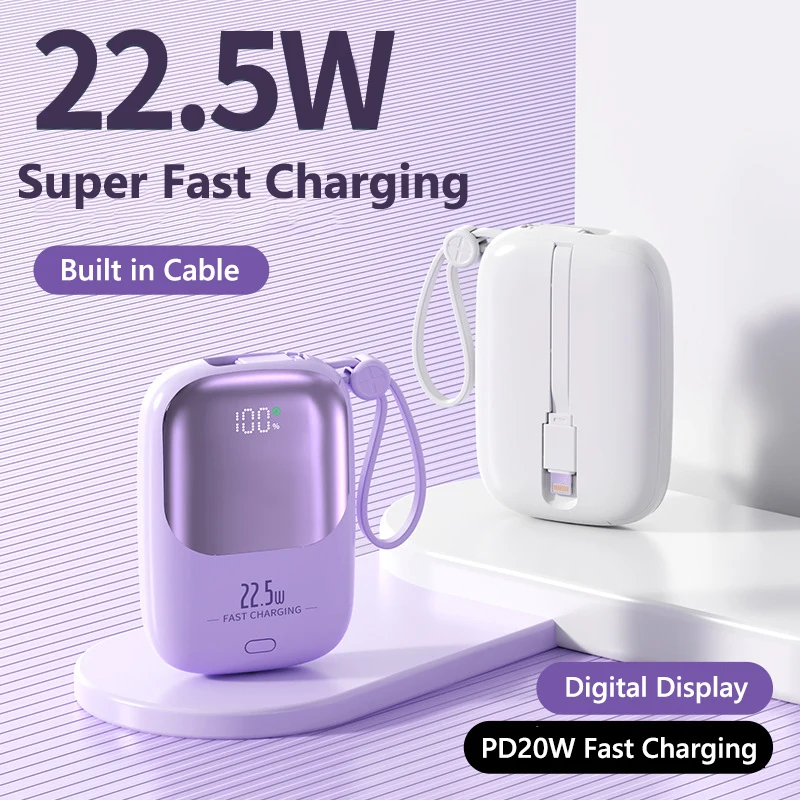 

Внешний аккумулятор (Power Bank) 10000 мАч / 20000 мАч с кабелем, быстрая зарядка 22.5 Вт для iPhone 17, Samsung, Xiaomi, Poco