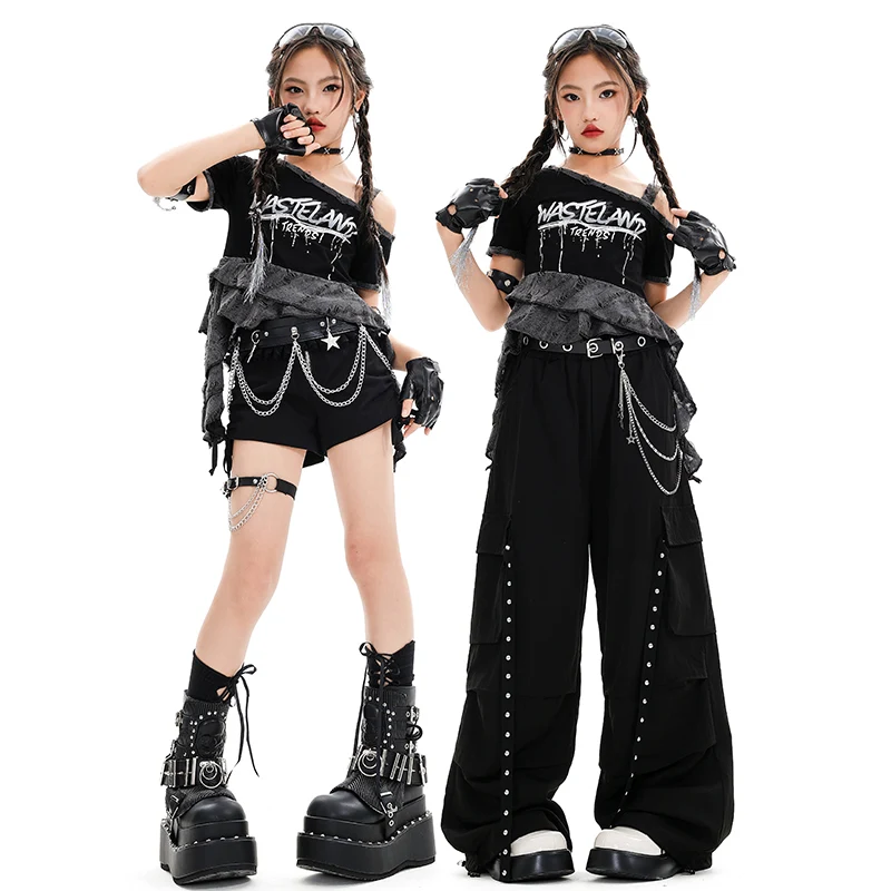 

Girls Hip Hop Clothes Set Black Crop Top Cargo Pants Shorts Kids K-pop Sequin Streetwear Child Jazz Girl Group Costume