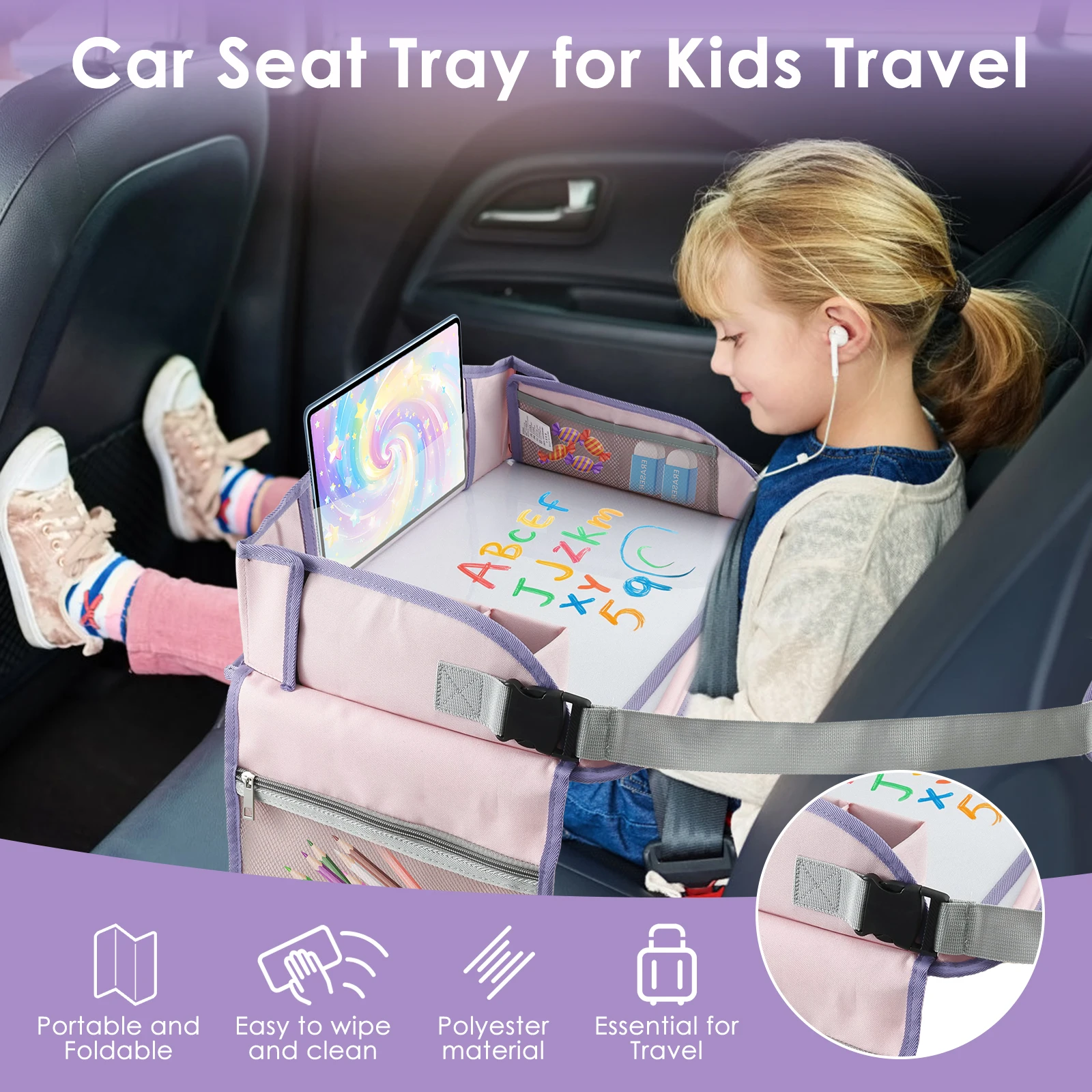 Carseat Table Tray for Kids Polyester Toddler Travel Lap Desk and Organizer with Padded Shoulder Strap Baby Safety Seat Fence