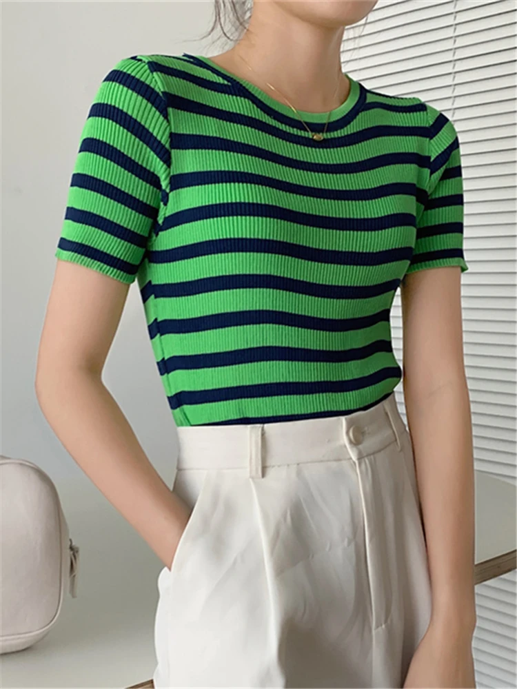 Knitted Striped Women's T-Shirts Summer 2022 New Short Sleeve O-Neck Bottoming Knitwear Chic Sexy Short Shirt Tops Female