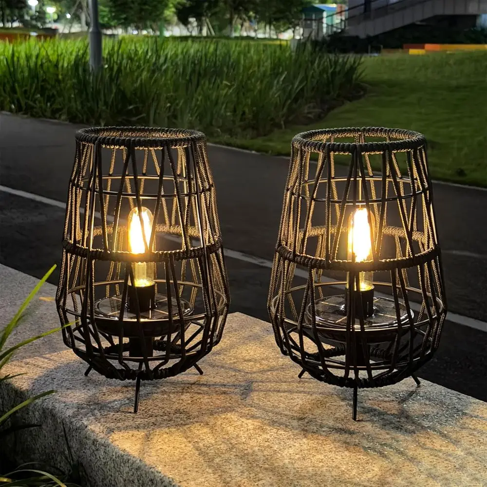 

Outdoor Hanging Lantern Table Lamp with Waterproof Rattan Rope for Deck, Patio, Garden, and Yard (Black)