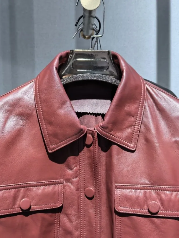 مكتب أنثى جلد طبيعي طويل الأكمام بلون التلبيب سترة قصيرة واحدة الصدر جيب الزنانير معطف فضفاض من جلد الغنم