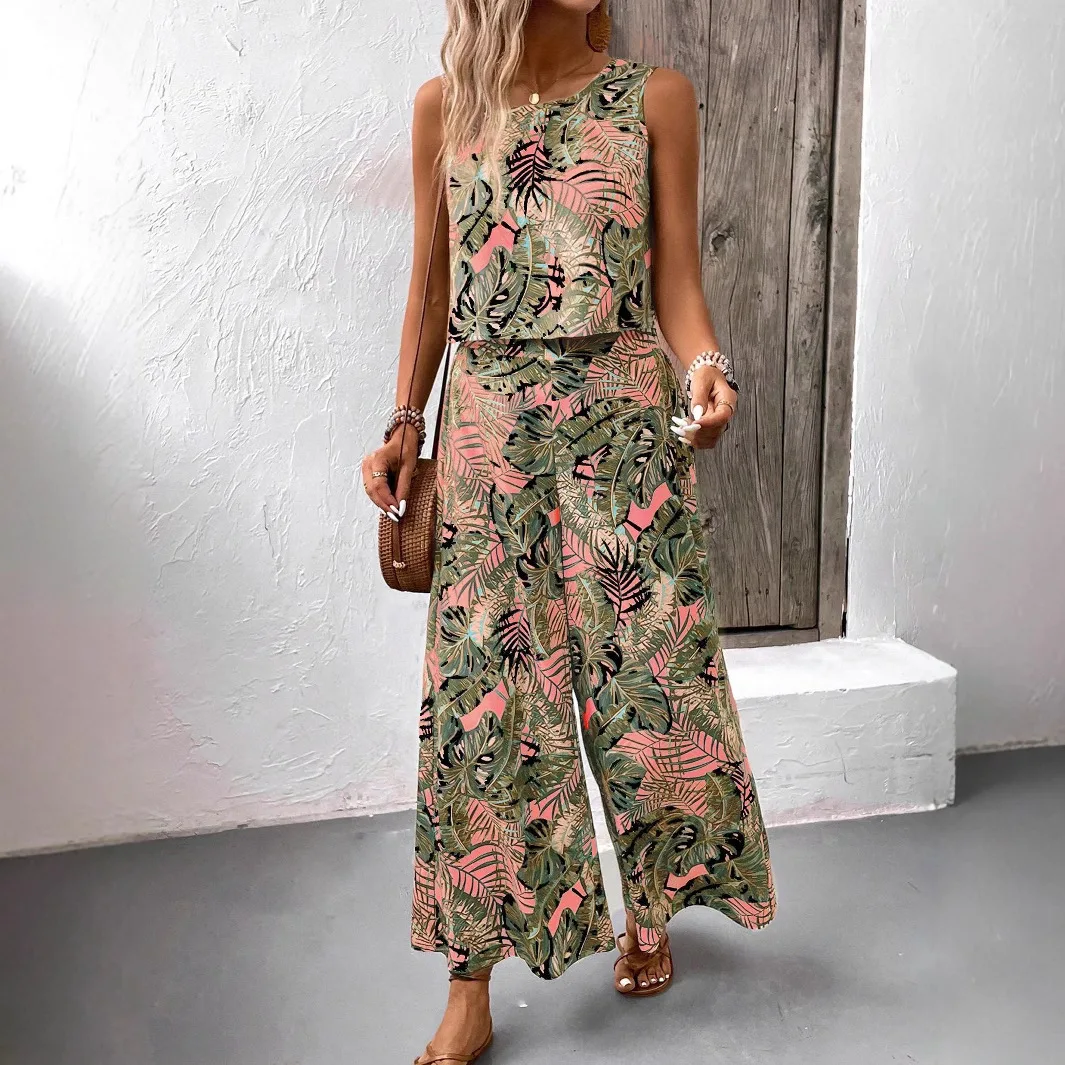 

Boho Print 2 Piece Sets For Women Summer 2026 Fashion Sleeveless Loose Crop Tops And Wide Leg Pants Set Outfits Casual