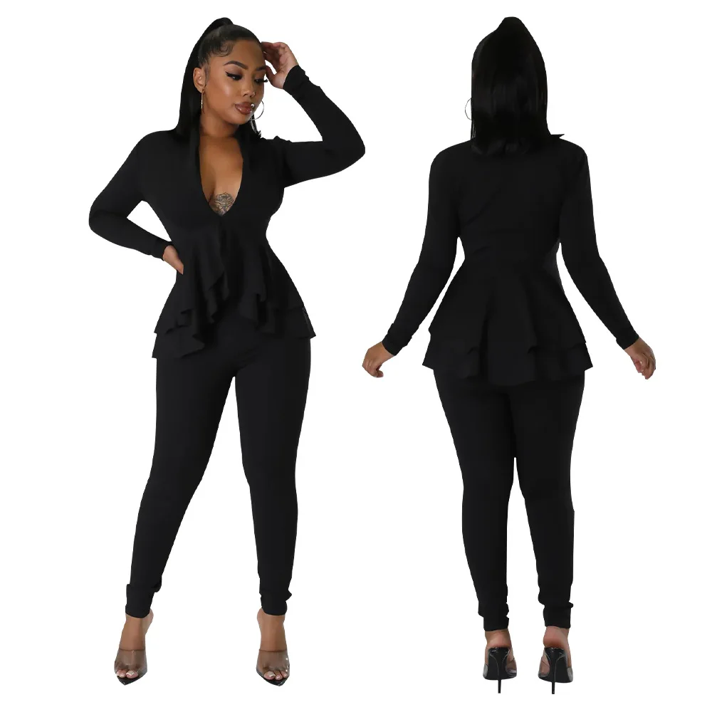 Fashion Ruffles Hem V-neck Long Sleeve T-shirt and Pants Suit Female Street Chic Two 2-częściowy strój damski dres