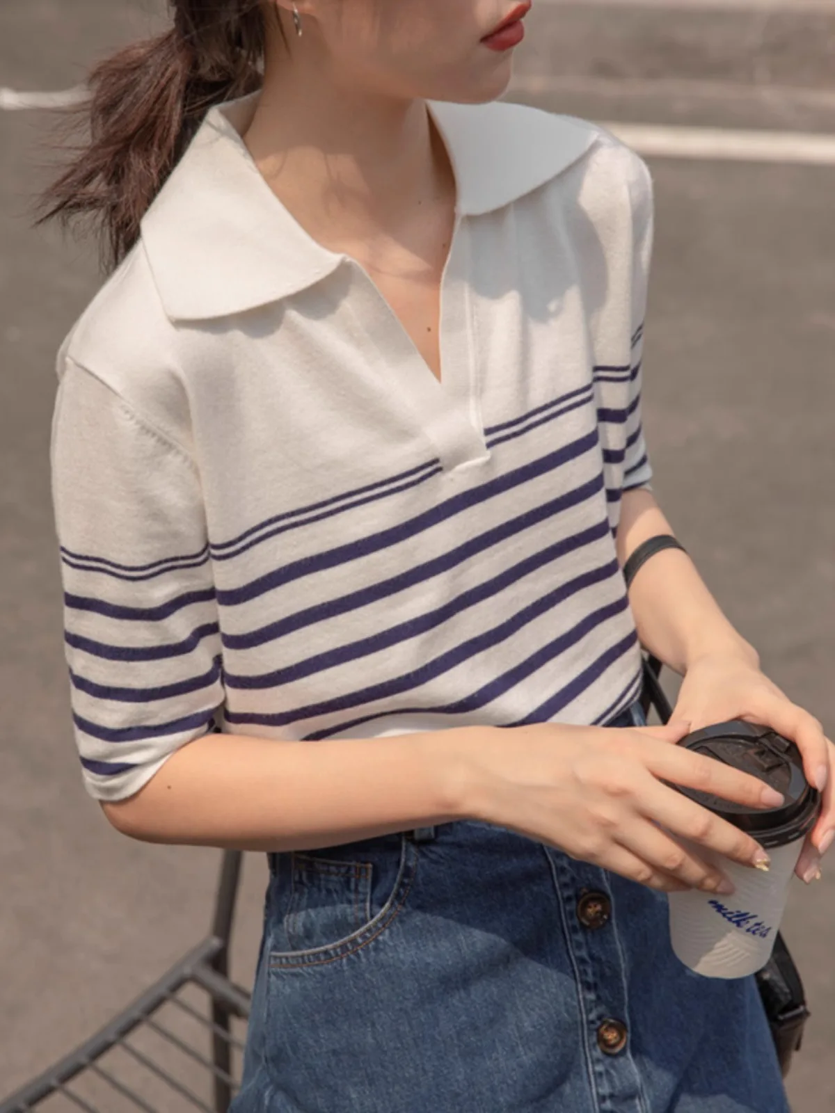 

French elegant striped lapel knit ice silk short sleeve feminine thin T-shirt loose top