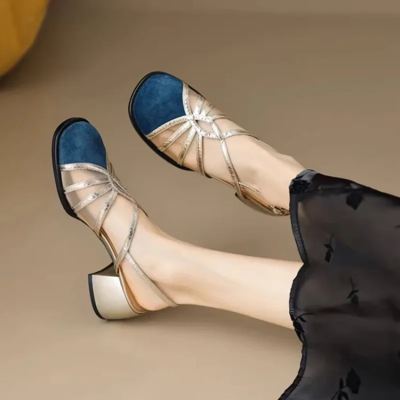 New Matching Color Round Head Sandals for Women Thin Belt Braided One Line Buckle Thick Heel Bun Head Roman Shoes