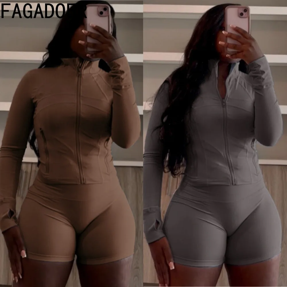 FAGADOER Sporty Bodycon Two Piece Set for Women Long Sleeve Zip Patchwork Jacket Top + Shorts Suits Streetwear Clothing 2025 New