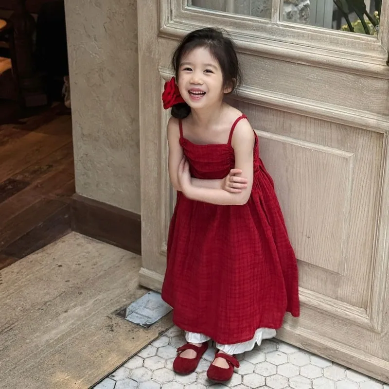 Girls' Dress New Summer Children's Red Strap Skirt Girls' Stylish Checkered Holiday Tank Top Fashion Skirt