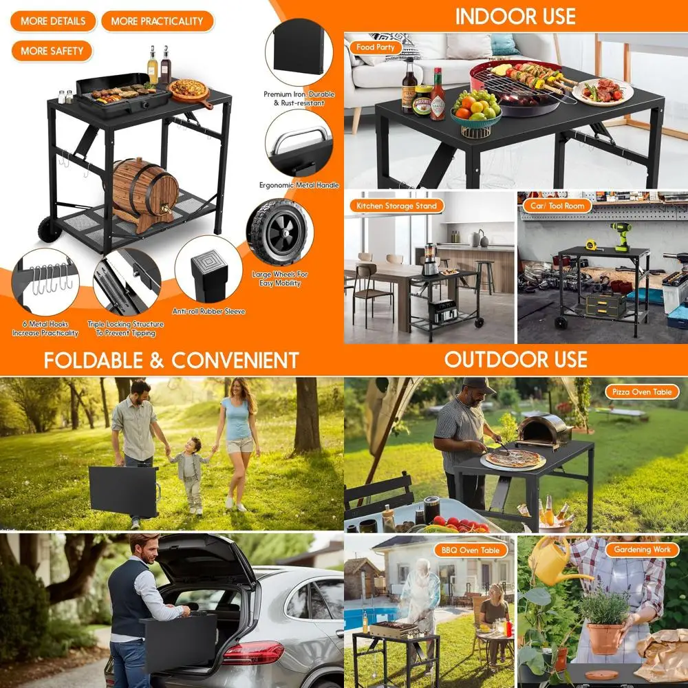 

Portable Outdoor Pizza Oven Stand with Wheels, Foldable Dining Cart for BBQ and Kitchen (Black, Silver Handle)
