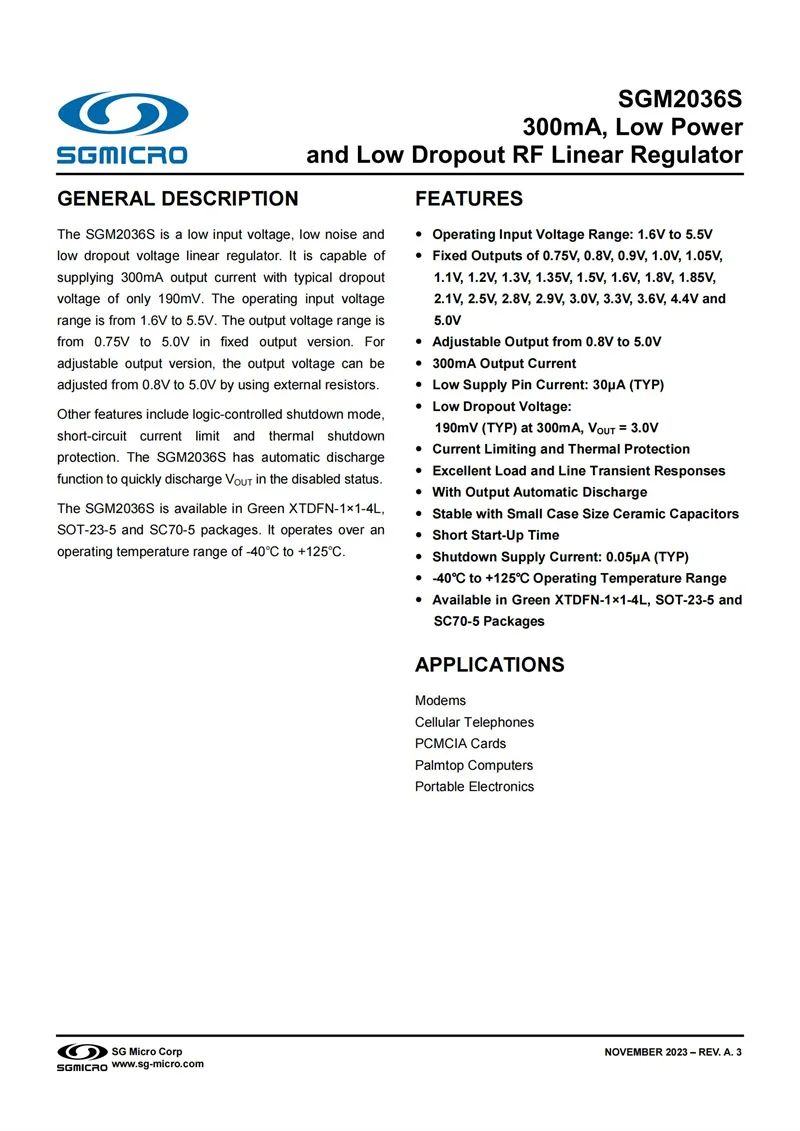 50Pcs/Lot SGM2036S-1.85XC5G/TR SC70-5 Fixed Outputs is 1.85V,300mA, Low Power and Low Dropout RF Linear Regulator