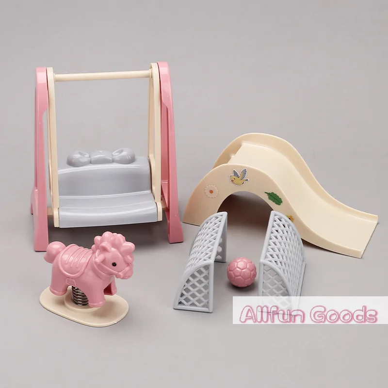 [TG835]Doll House Simulation Amusement Park Slide Wooden Horse Swing Miniature Children's Playhouse Toys Accessories Set