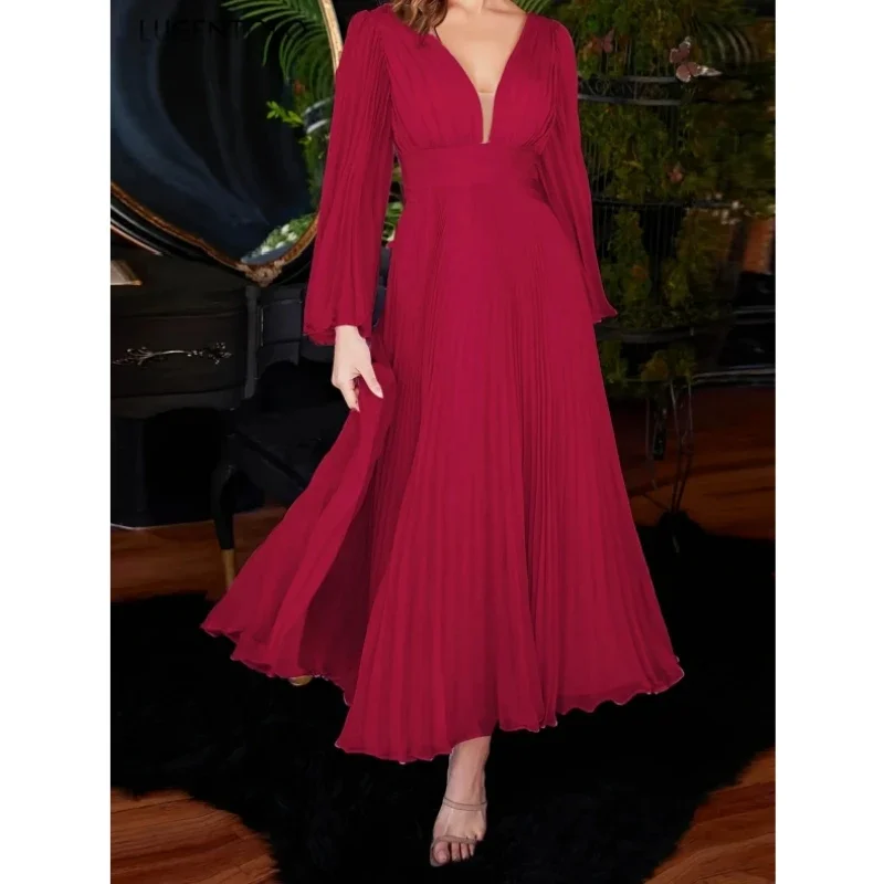 

Women Sexy Chiffon Dress V-neck Party Big Swing Long Sleeve Lady Elegant Pressed Pleats Backless New Fashion Cloth