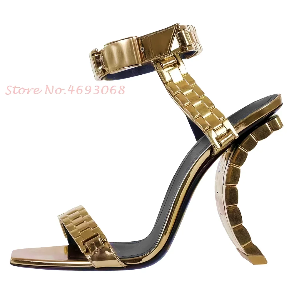 Strange Style Sandals Women Casual Gold Metal Watch Luxury Brand Sandal Ankle Wrap Fashion Peep Toe Party High Heels Women Shoes