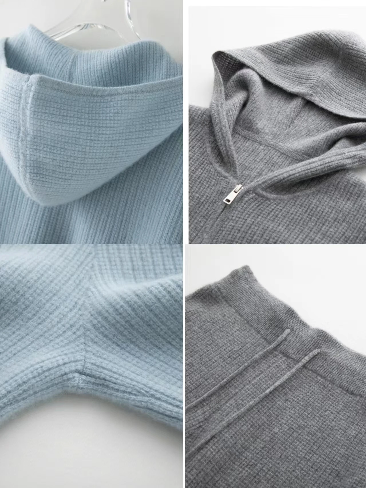 

100% Cashmere Short Sweater Women's Zippers Hooded Cardigan Pants Sets Autumn Winter Wide Leg Trousers Waffle Style Knitted Suit