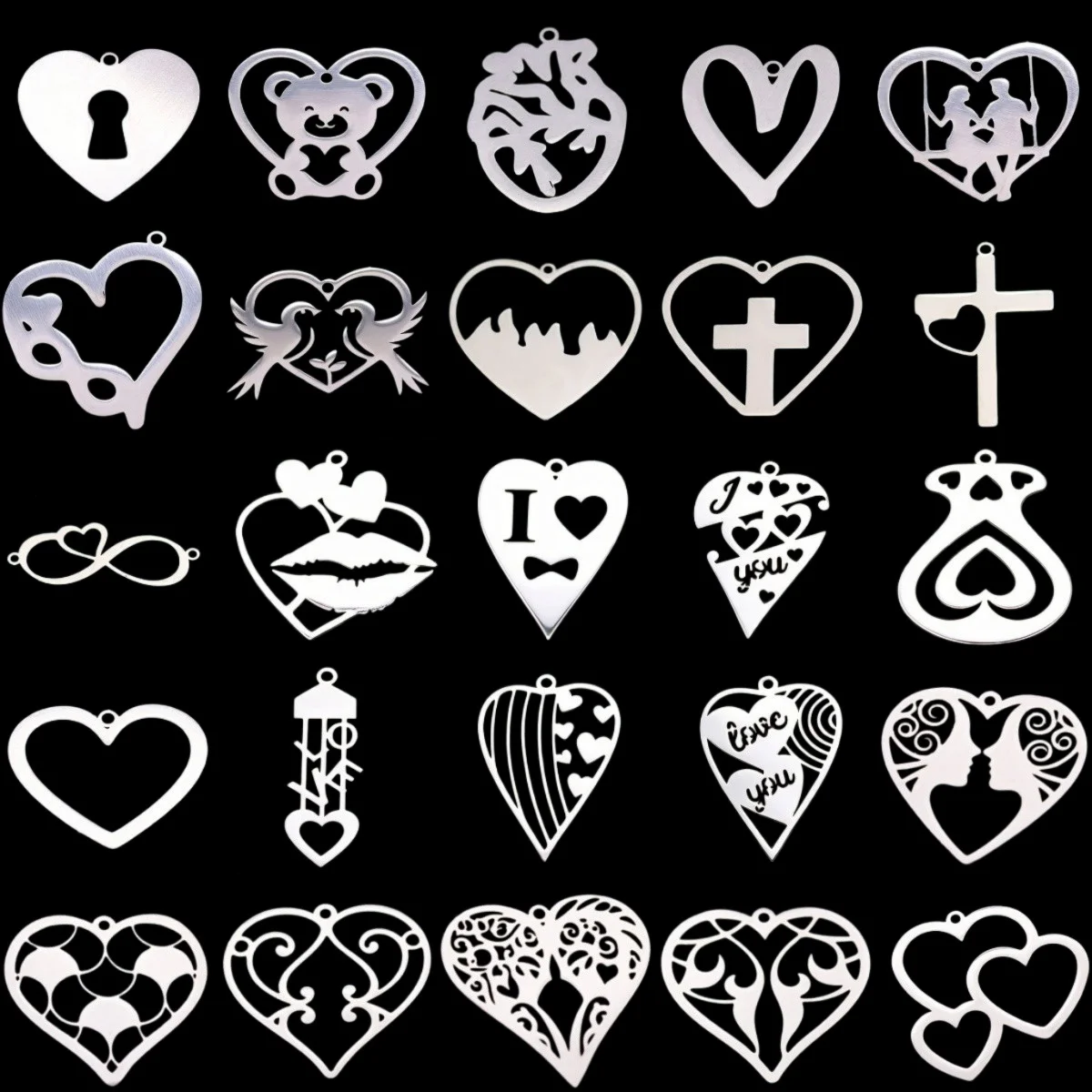 3pcs Stainless Steel Heart Trinkets Pendant Bear Cross Floral Twin Heart Charms Supplies For DIY Jewelry Making Key Bag Charms