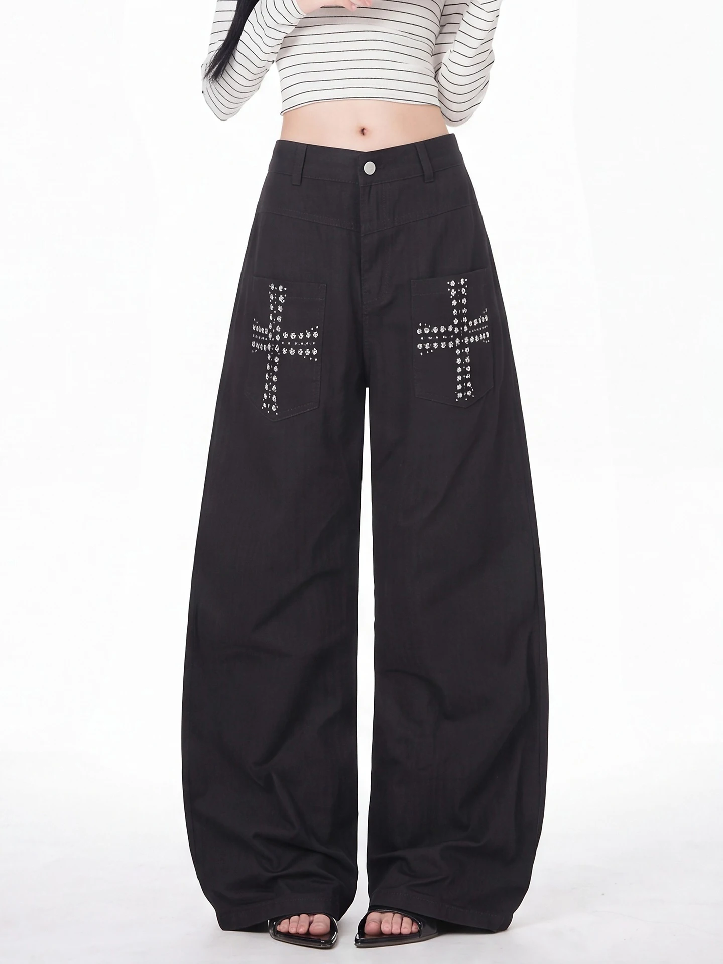 Retro American Water Washed Cross Rivet Wide Leg Pants Women's Loose High Street Workwear Jeans Black Casual Cotton Denim