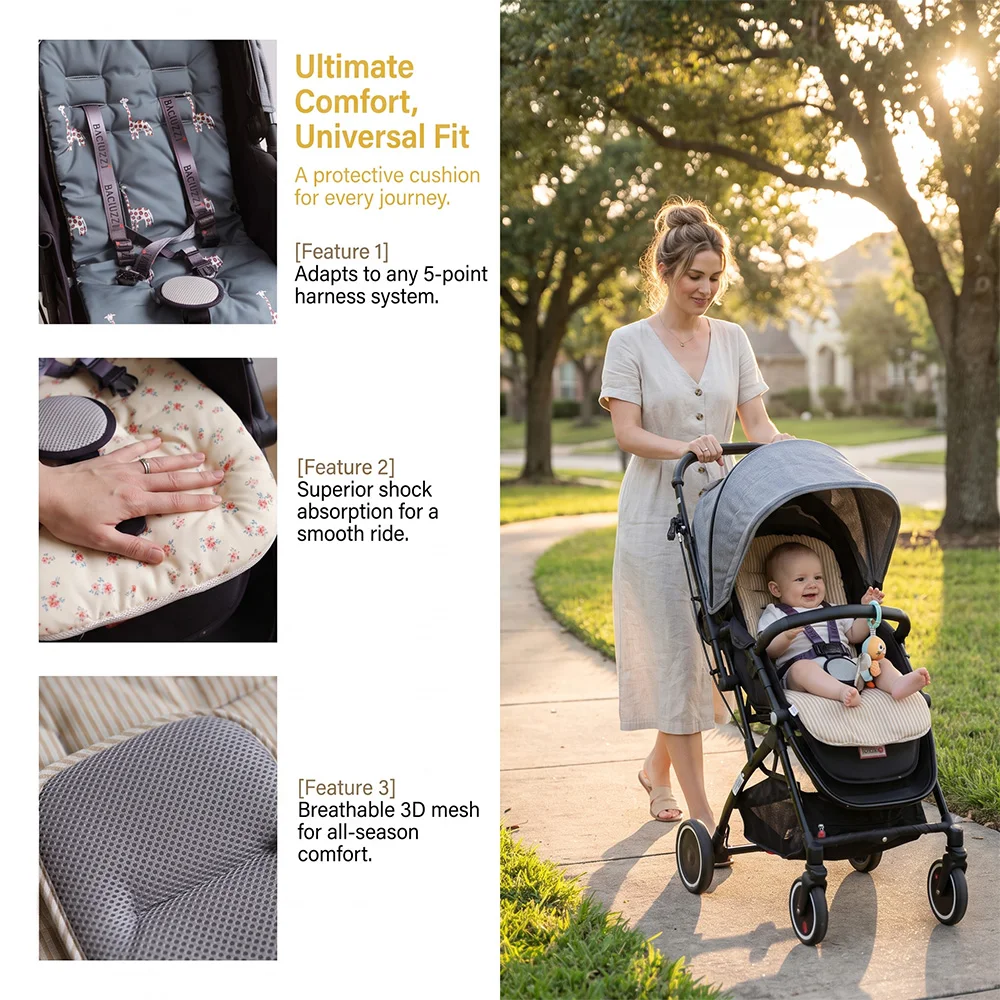 Mittelstarke, Ganzjahres-Kinderwagenpolsterung, weiches Sitzkissen für Kinderwagen mit Giraffenmuster, wendbar und universell einsetzbar, geeignet für die meisten Kinderwagen. – Detail 3