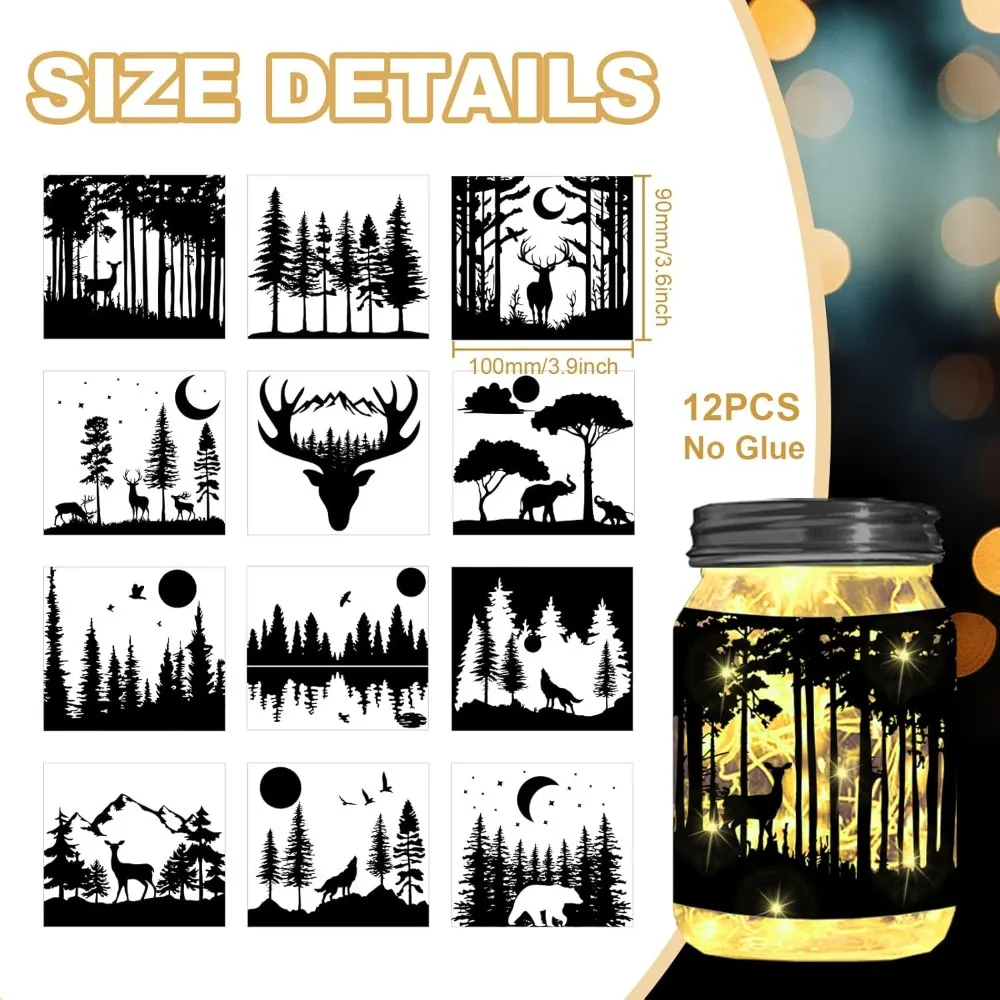 Forest Silhouette Cutouts for Jars Mason Can Glass Wishing Bottle Decor(No Stickers) 12Pcs Reusable Forest Silhouette making kit