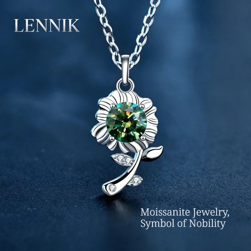 LENNIK Original 925 Sterling Silver Necklace Green Mozzarella Diamond Sunflower Pendant Sunflower Jewelry
